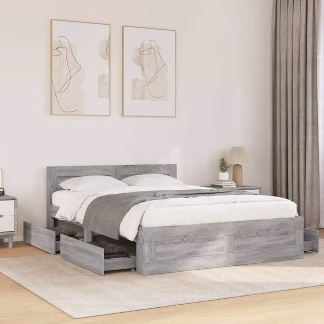 Berkfield Home Bed Frame with Headboard and Drawers in Grey Sonoma, W/D/H: 140 x 200 cm