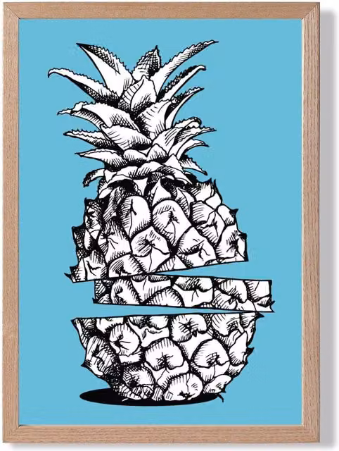 ARTZE Sketch Pineapple Botanical Illustration Framed Print in Bright Blue with Oak Frame, A3 – 1