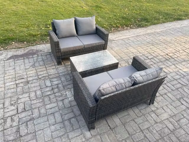 Fimous Dark Grey Wicker Rattan Garden Furniture Set with Double Seat Sofa, 4 Seater Sofa and Rectangular Coffee Table