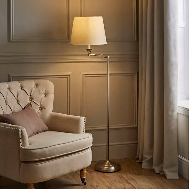 ValueLights Adjustable Swing Arm Floor Lamp in Brushed Chrome with Beige Fabric Cylinder Shade