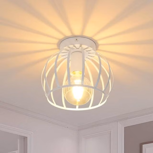 COMELY Industrial Metal Cage Ceiling Light, White Vintage E27 Chandelier – 1