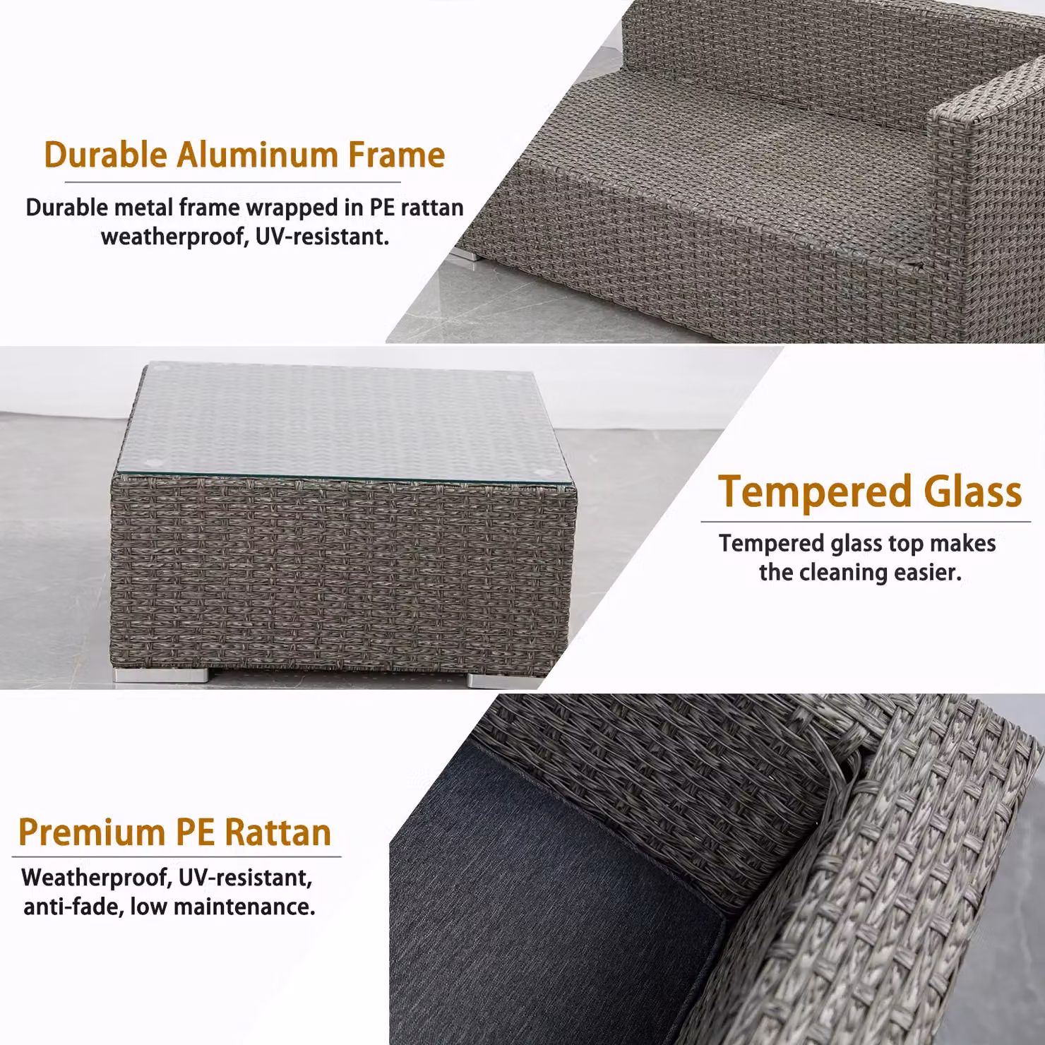 FURNITURE ONE 3 Piece Rattan Garden Corner Sofa Set with 10cm Cushions in Dark Grey – 4
