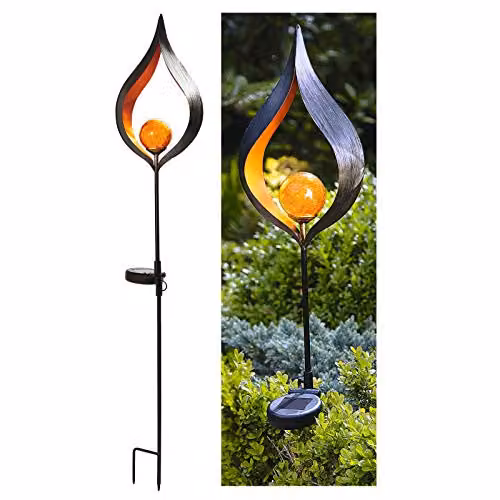 mysmartbuy Aura Flame Globe Stake Light, Solar Powered Metal LED Garden Sphere Light in Black or Gold/Brass, H 91 x W 16.8 x D 7.2 cm – 1