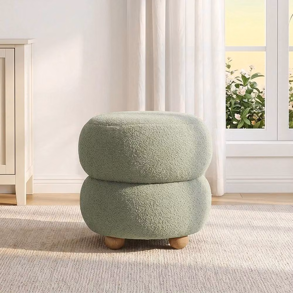 KORVIXA Round Green Bouclé Teddy Fleece Footstool and Dressing Table Stool, Diameter: 100 cm – 2