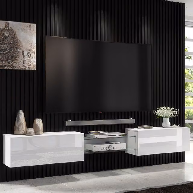 Furneo Art 02 Modern White Glossy TV Stand with LED and Glass Details