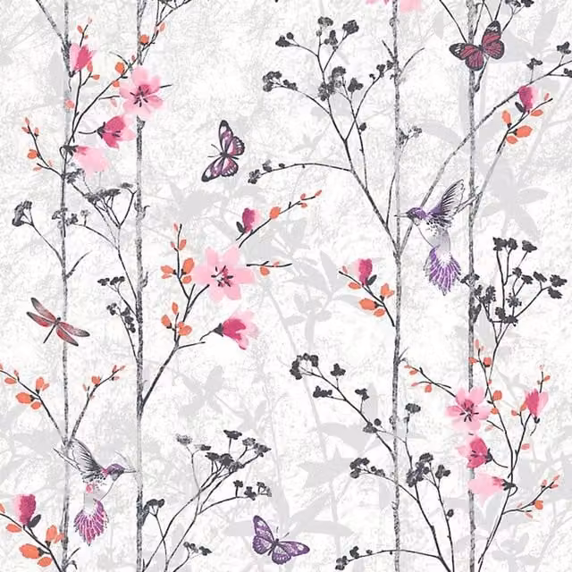 Muriva Eden Butterflies Pink Floral Botanical Wallpaper Roll