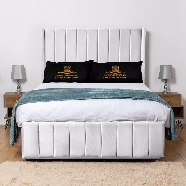 UK Bed Furniture Seoul White Velvet Wingback Divan Bed Base with 54 Inch Headboard, Super King, W/D/H: 200 x 200 cm
