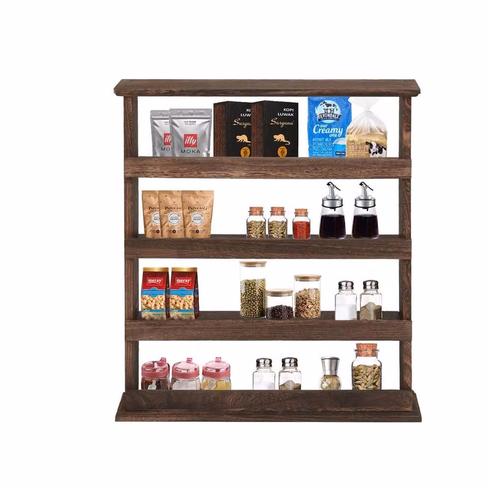 KORVIXA 5-Tier Vintage Wall-Mounted Kitchen Organiser Floating Shelves, Brown, W: 70 cm, H: 75 cm – 3