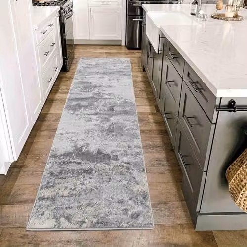 Serdim Rugs Abstract Modern Hallway Runner Rug, Silver, W: 60 cm, L: 220 cm