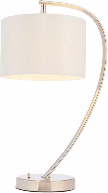 Loops Modern Curved Table Lamp with Silver Metal Arm and White Fabric Shade