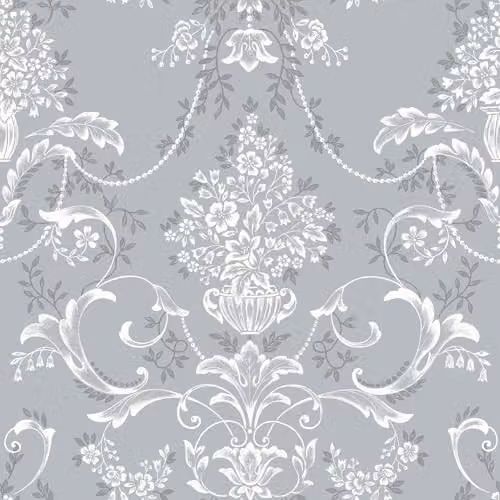 Rasch Amelie Damask Vintage Style Floral Wallpaper in Slate Blue and White – 1
