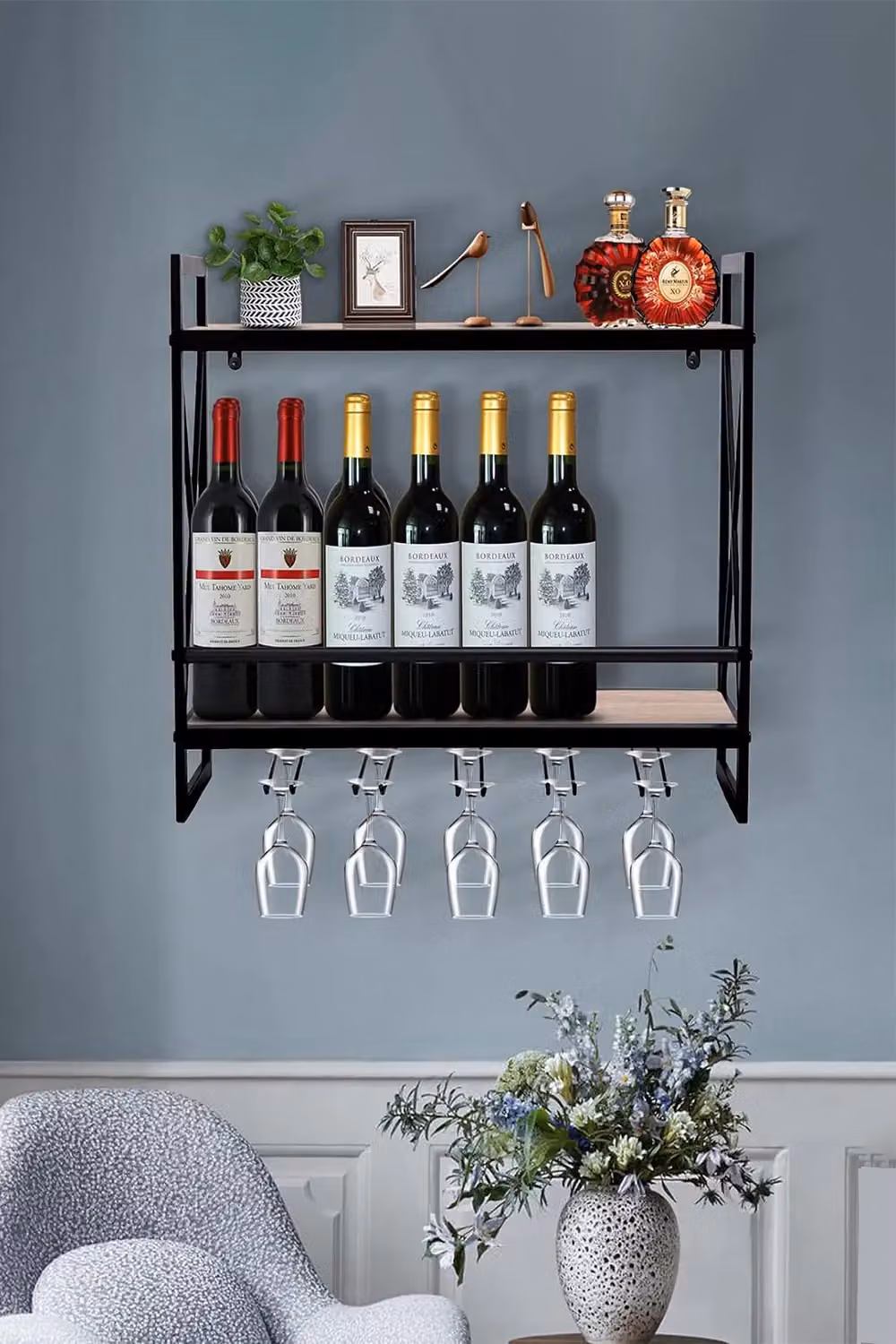 Living and Home 2-Tier Brown Wall-Mounted Industrial Wine Storage Rack with 5 Glass Holders – 2