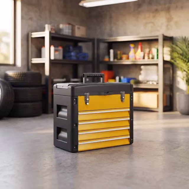 STILVORA Yellow Metal Toolbox with 4 Drawers and Top Tray, W/D/H: 49.7 x 40.7 x 25.3 cm