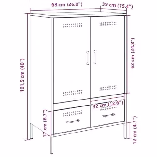 vidaXL Anthracite Metal Highboard with Hinged Doors and Internal Shelves, W/D/H: 68 x 39 x 101.5 cm – 2