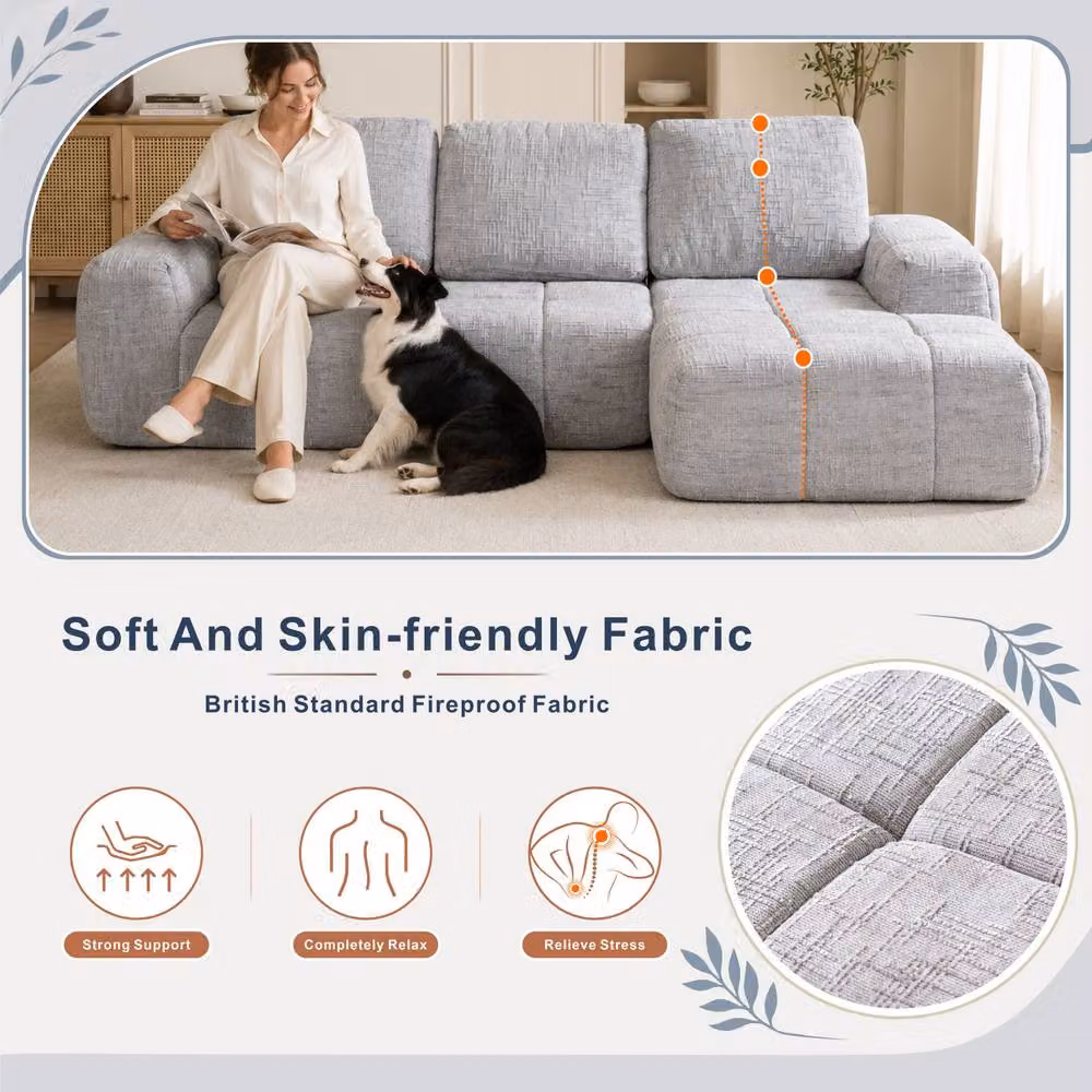 Mimo Grey L-Shape Modular Chaise Lounge Sofa Set with Chenille Fabric and Removable Covers – 2