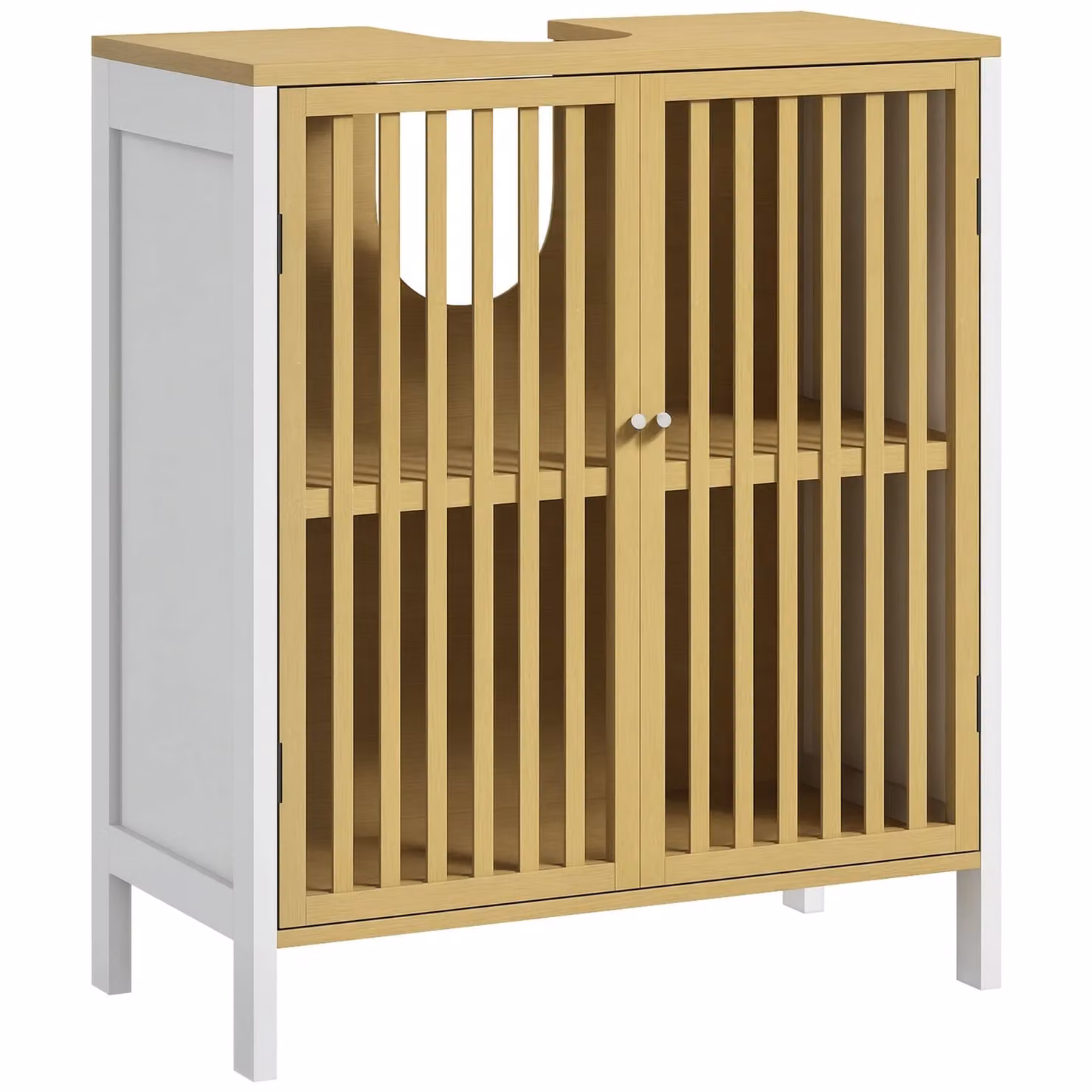 HOMCOM White Under Sink Bathroom Storage Cabinet with Hinged Slat Doors and Internal Shelves – 1