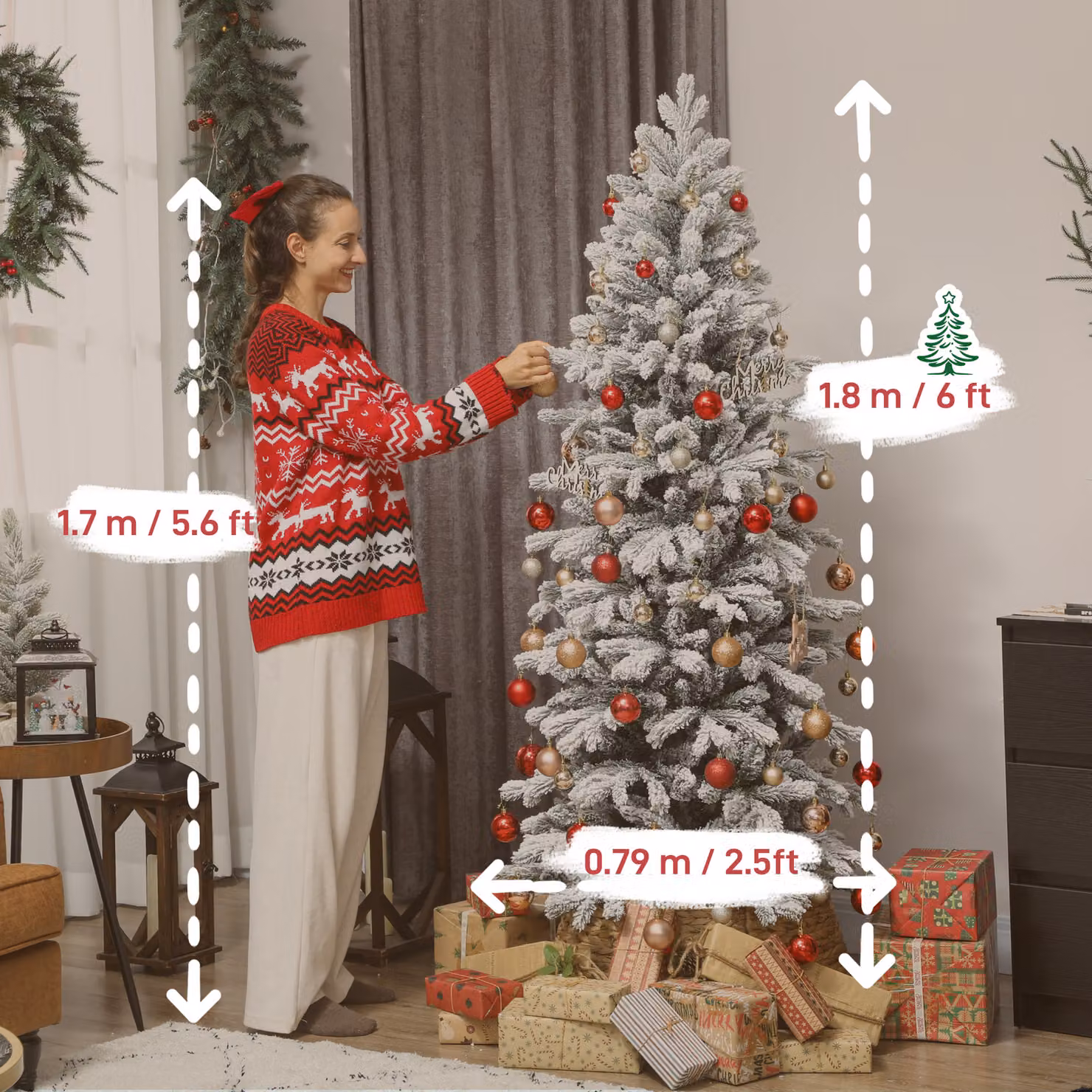 HOMCOM 6ft Flocked Artificial Christmas Tree in Green and White – 3
