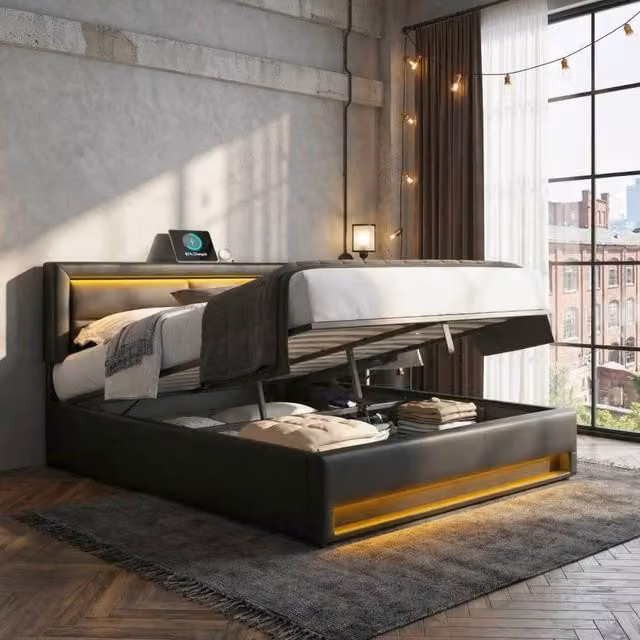 Matteo Black Upholstered Double Bed with USB Charging Port, Under-Bed Lighting and Side Compartments, 140 x 200 cm