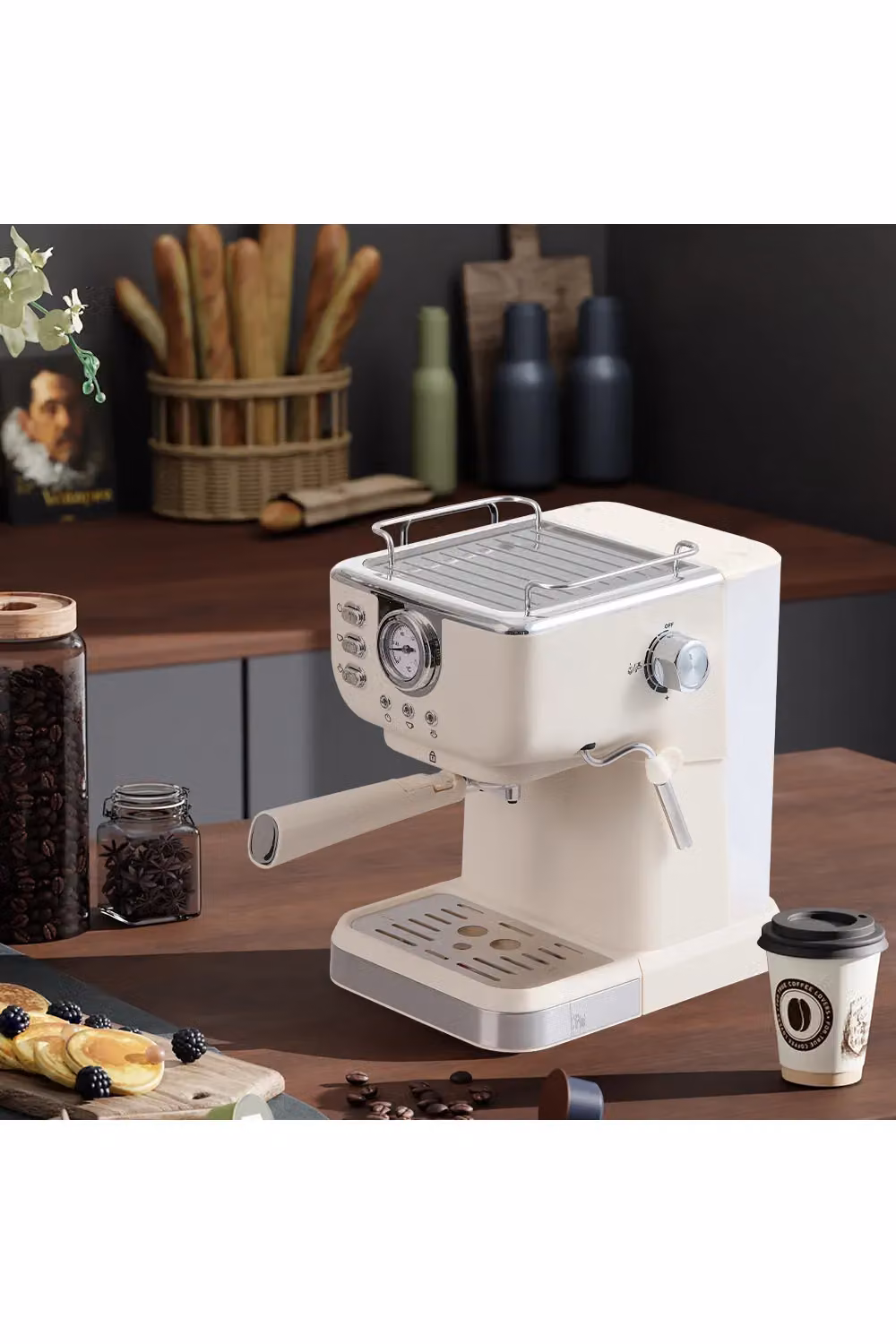 Living and Home 20 Bar Retro Espresso Coffee Machine with Steam Wand and Milk Frother in Beige – 3