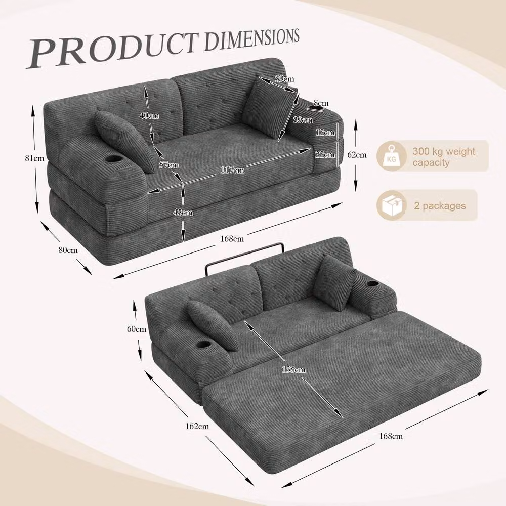 Matteo 2-Seater Sleeper Sofa in Grey Corduroy with Cup Holders and Metal Frame – 2