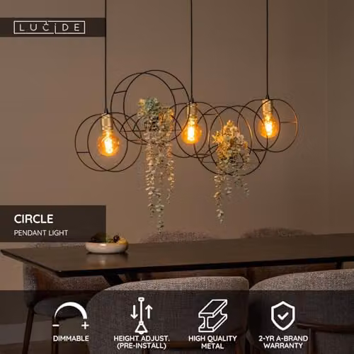 Lucide Circle Black Metal Ring Pendant Light, Height Adjustable, 3 x E27 – 2