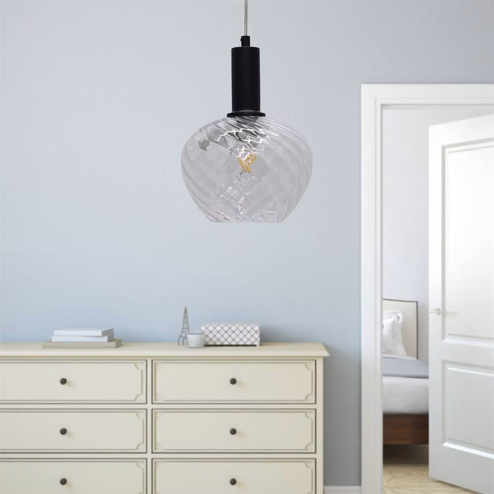 First Choice Lighting Bradson Art Deco Pendant Fitting with Black Metal and Transparent Swirl Glass, Height Adjustable and Dimmable – 3