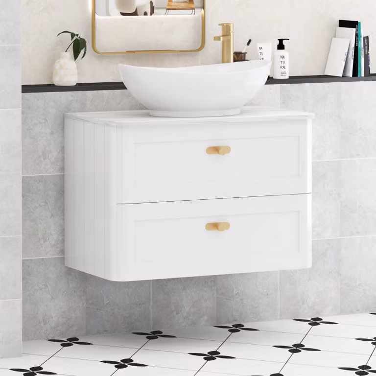 Royal Bathrooms Henley 800mm Gloss White Wall Hung 2 Drawer Vanity Unit with Amaze Basin and Brushed Brass Knob