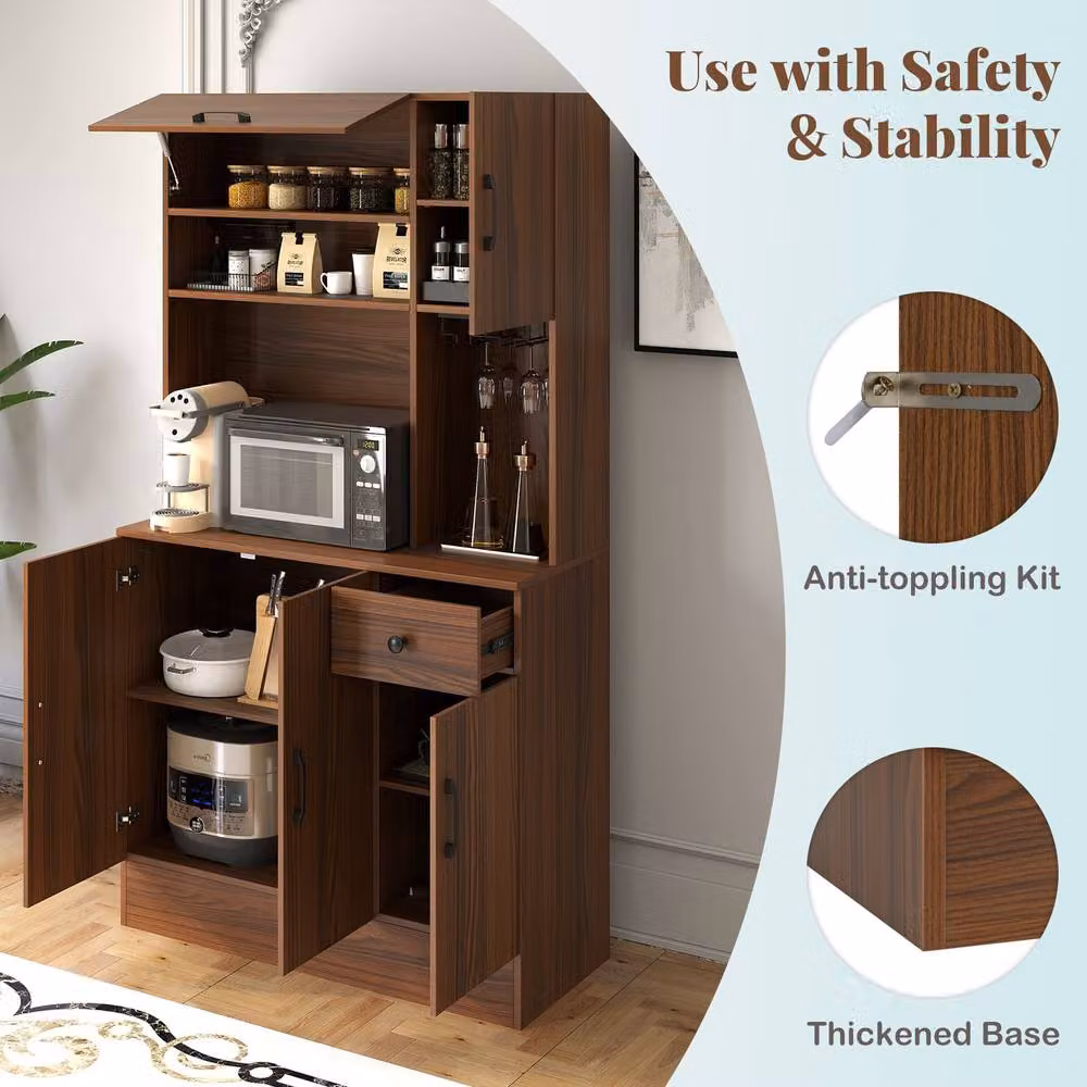 Gymax Tall Pantry Kitchen Storage Cabinet with Power Outlets in Walnut – 8