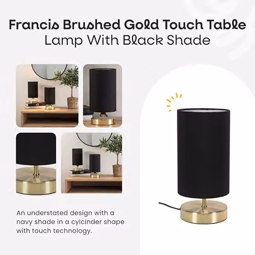 ValueLights Francis Dimmable Touch Table Lamp with Brushed Gold Cylinder Base and Black Fabric Shade – 2