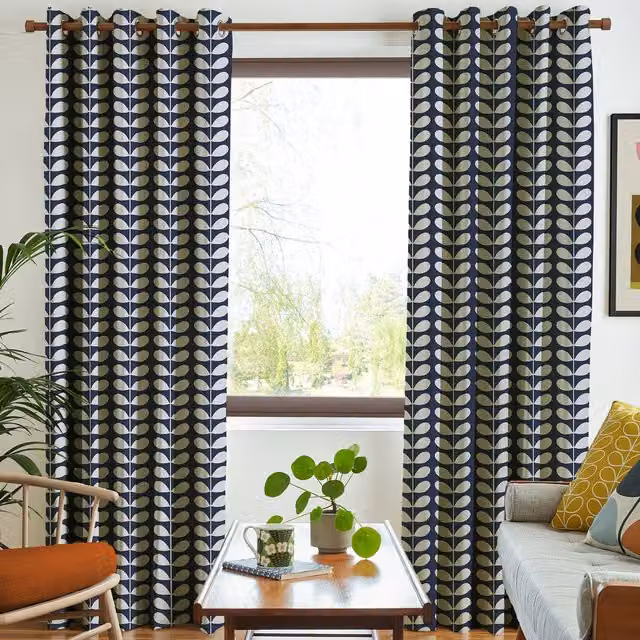 Orla Kiely Made to Measure Blackout Eyelet Curtain Panel in Blue and Black Cotton Floral Fabric