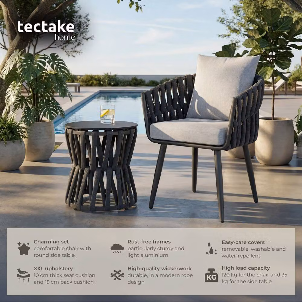 tectake Lugano Rope Design Garden Set in Dark Grey with Aluminium Frame and 1 Seater Configuration – 2
