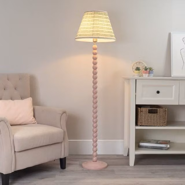 ValueLights Bobbins Rose Pink Floor Lamp with Fabric Pleated Shade and LED Bulb
