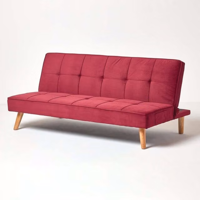 Homescapes Bower 3 Seater Velvet Click Clack Sofa Bed in Red, W/D/H: 175 x 83 x 90 cm