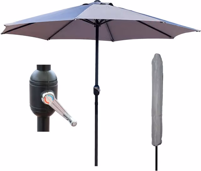 GlamHaus Garden Parasol Umbrella in Grey with UPF 40 Protection and Protective Cover