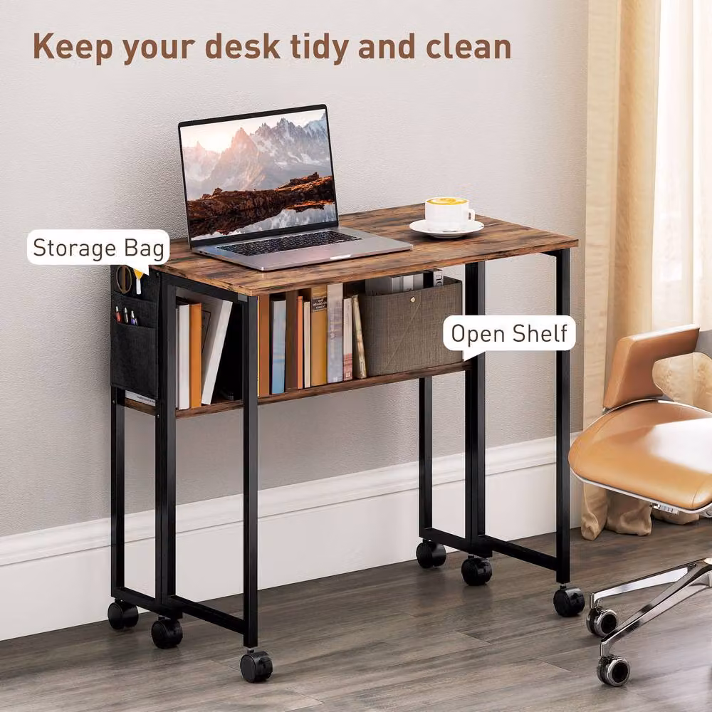 STILVORA Drop Leaf Writing Desk with Castors in Rustic Brown – 4