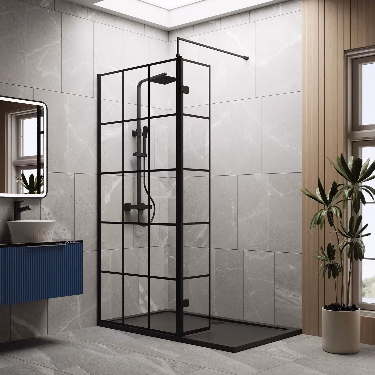 Balterley 8mm Glass Walk-In Wetroom Screen with Return and Tray, Black Framed, W: 1400 mm, D: 800 mm – 2