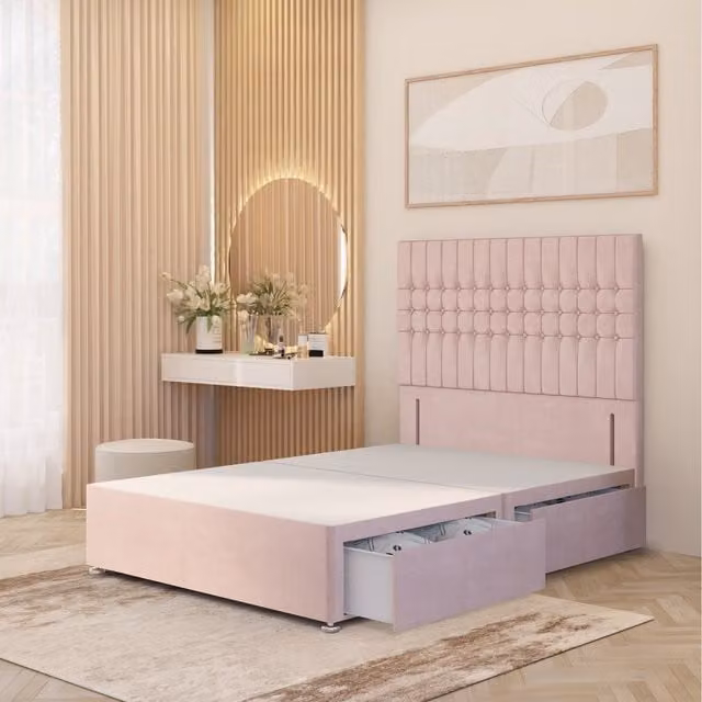 Somnior Beds Ltd Lexington Divan Bed Base with 54 inch Floor Standing Headboard in Pink Plush Velvet with Drawers, W/D/H: 90 x 190 x 34.5 cm