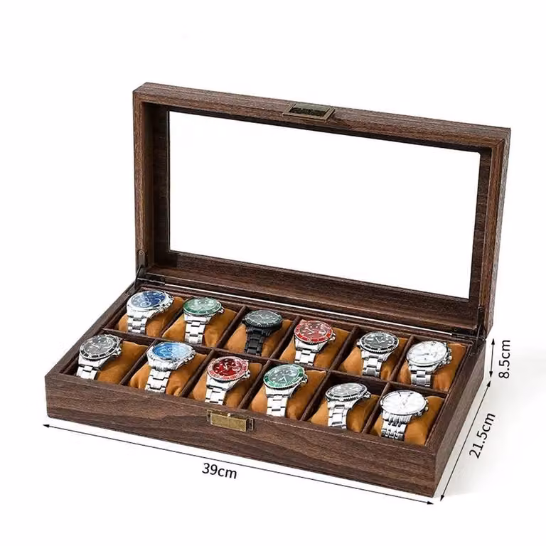 Havendro 12 Grid Watch Display Box and Jewellery Organiser in Brown Wood and Glass