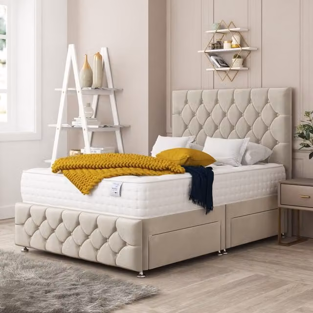 Bed Choices Regency Divan Bed with 4 Drawers, Mattress and 54 inch Floor Standing Headboard, Cream/Beige, W/D/H: 180 x 200 cm