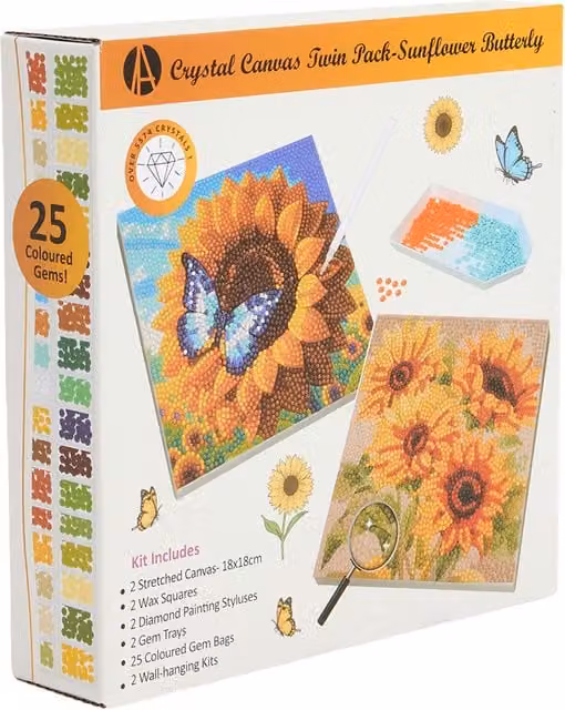 Art Studio Pack of 2 Yellow and Multicolour Crystal Sunflower and Butterfly Floral Canvas Wall Art Set