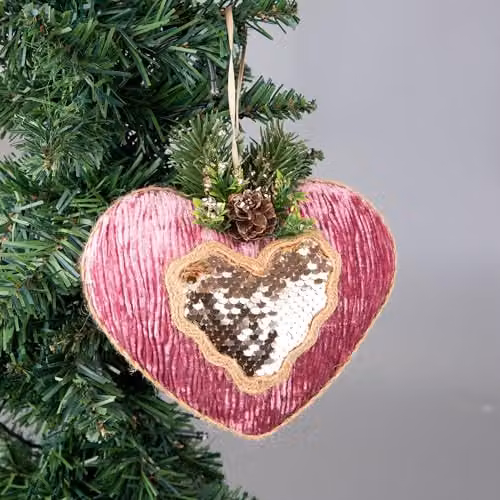 SHATCHI 3-Piece Pink and Gold Heart Christmas Tree Hanging Decorations, Textile Bauble Pendants, Diameter: 16.5 cm – 3