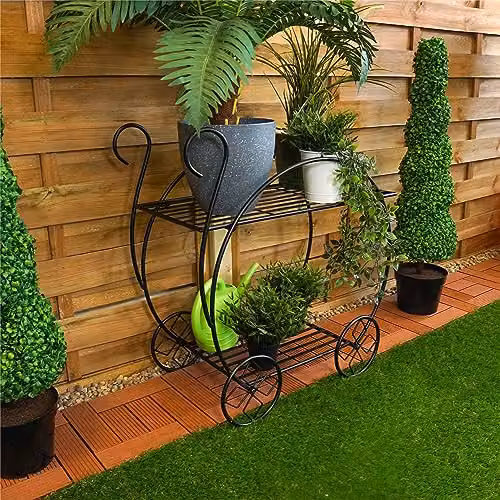 Electrovision Metal Decorative Garden Cart Plant Display Stand in Matt Black Classic French Style with Wheels – 2