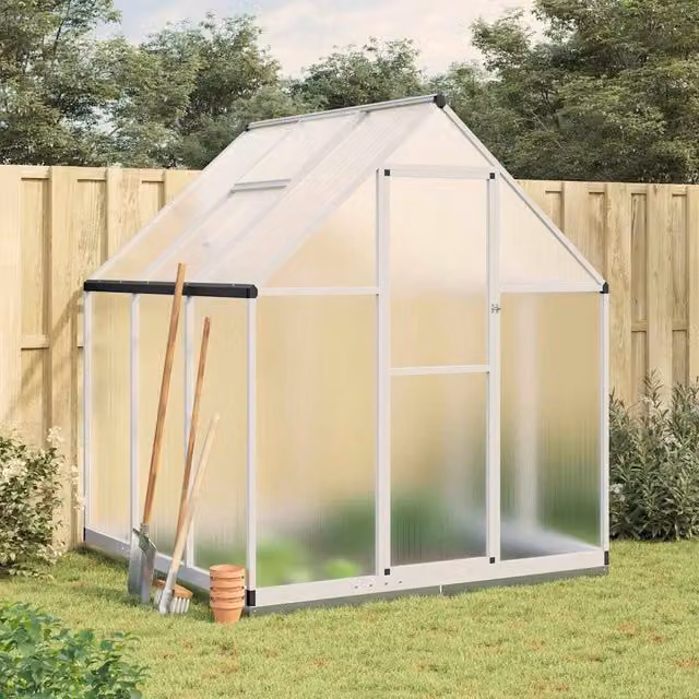 Berkfield Home Aluminium Greenhouse with Base Frame and Polycarbonate Windows in Silver, W/D/H: 169 x 169 x 202 cm