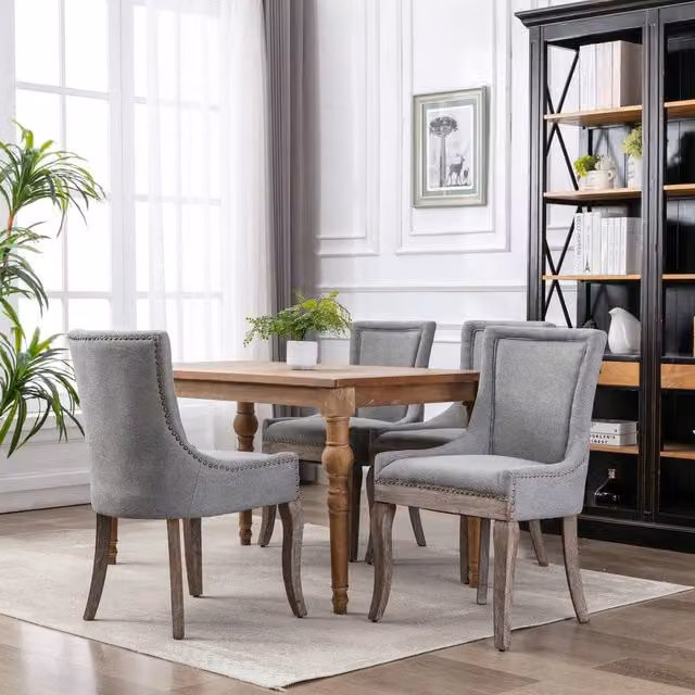 HomeTouch Set of 4 Bewley Grey Plush Linen Upholstered Dining Chairs with Oak Wood Legs