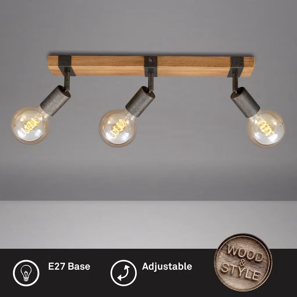 Briloner Industrial Adjustable Spotlight in Grey and Wood with 3 x E27 Sockets – 2