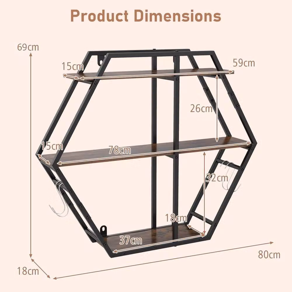 Havendro Wall Mounted Rustic Wooden Display Hanging Shelves in Black and Brown, W/D/H: 69 x 18 x 10 cm – 2