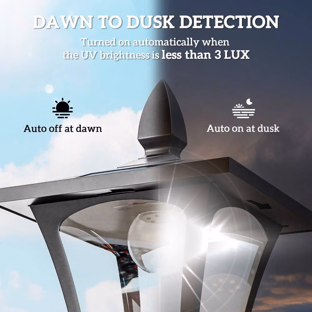Kelvenix Black Solar LED Garden Lantern Post Light with Dusk Sensor and Dimmable Optical Control – 6