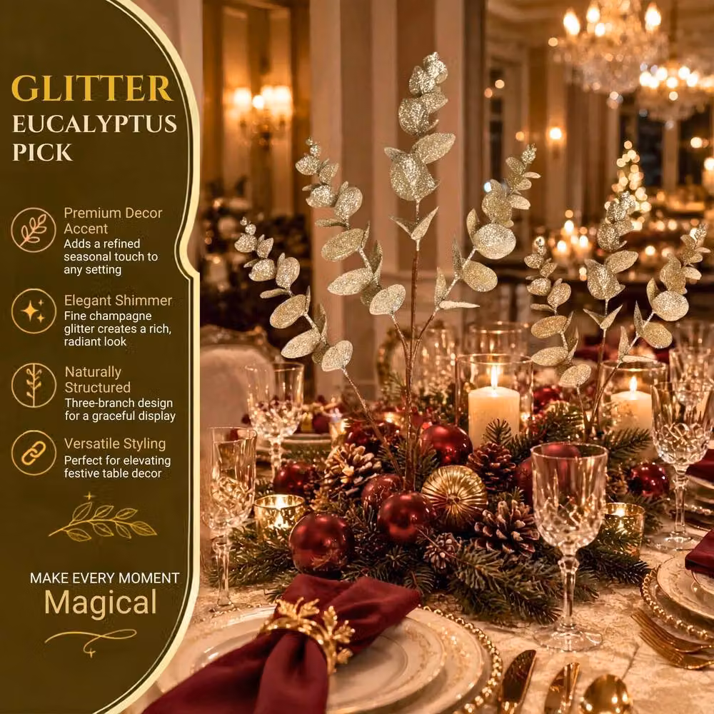 Shatchi Gold Champagne Glitter Artificial Eucalyptus Christmas Tree Picks, 12 Pack, Height: 55 cm – 7