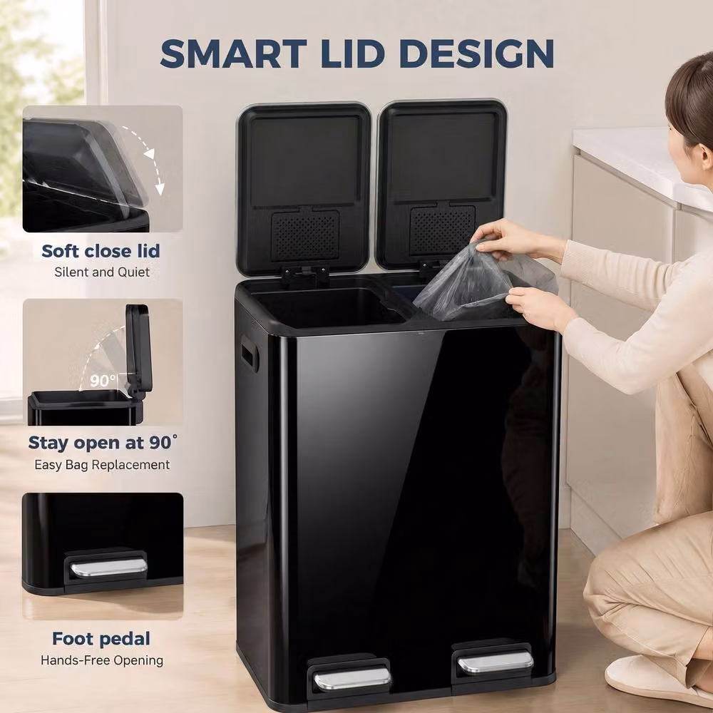 HOMCOM Stainless Steel Double Pedal Kitchen Recycling Bin with Soft Close Lid and Removable Inner Buckets, High Gloss Black, 2 x 30L – 4