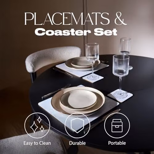OHS White and Grey Marble Effect Placemat and Coaster Set, Non-Slip and Stain Repellent, W: 40 cm, D: 30 cm – 2